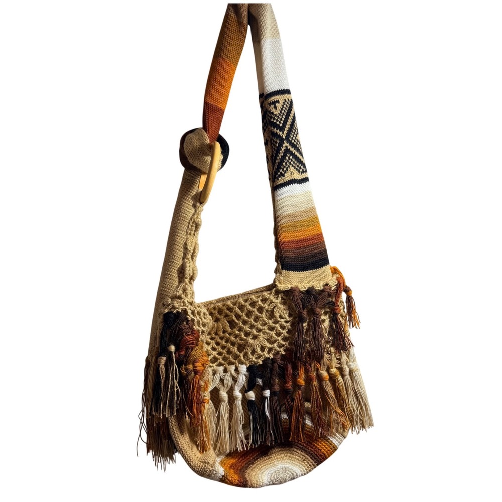 Boho Crochet Crossbody Bag Fringe Tassel Earth Tones Wooden Ring Hobo Purse